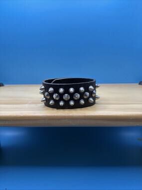 Emo Gothic Punk Black Leather Wide Band Bracelet with 2 Rows of Silver‎ Spikes